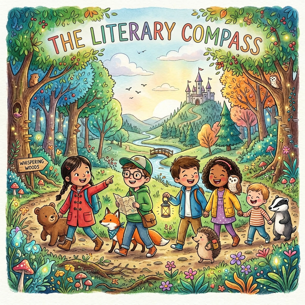 Five children walking on a forest path with animals holding a map and lantern near a castle